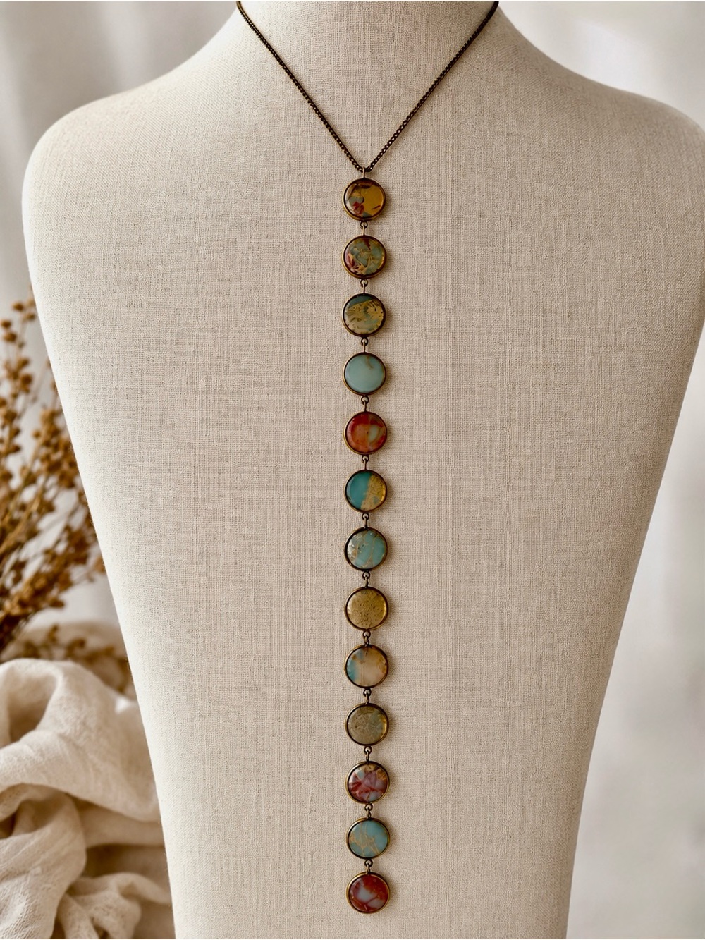 Lena Bernard Signed Stepping Stone Jasper Bezel Long Y Lariat Drop Necklace